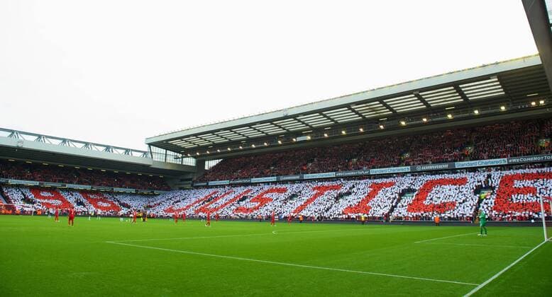 Football - soccer: Barclays Premier League, Liverpool FC - , Liverpool supporters form a mosaic on the Anfield Road and Centenary Stands calling for Justice for the 96 victims of the Hillsborough Stadium Disaster before the Premiership match against Manchester United at Anfield xHOCHxZWEIx xPropagandax 