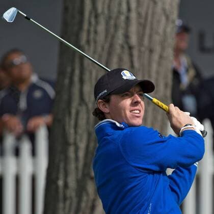 26 September 2012: Rory McIlroy watching the flight of iron shot on a par 3 hole during a practice round for the 2012 Ryder Cup at Medinah Country Club, Medinah, Il GOLF: SEP 26 PGA Golf Herren - Ryder Cup - Practice Round Icon484092620122565 EDITORIAL USE ONLY