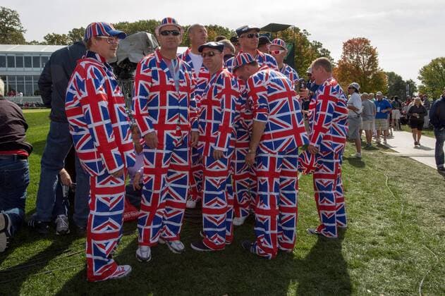26 September 2012: A group of european golf supporters waiting for their hero s to tee off on 9 during a practice round of golf for the 2012 Ryder Cup at Medinah Country Club, Medinah, Il GOLF: SEP 26 PGA Golf Herren - Ryder Cup - Practice Round Icon484092620122779 EDITORIAL USE ONLY