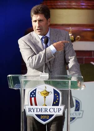 Team Europe captain Jose Maria Olazabal, of Spain, introduces his team at the opening ceremony of the Ryder Cup at the Medinah Country Club in Medinah, IL on September 27, 2012. Team USA takes on team Europe to try and win back the cup after a loss in 2010.  MED2012092704