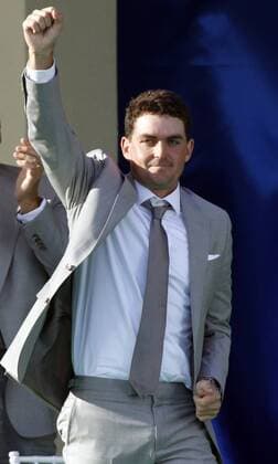 Keegan Bradley of the United States pumps his fist as he is introduced at the opening ceremonies for the Ryder Cup at the Medinah Country Club in Medinah, IL on September 27, 2012. Team USA takes on team Europe to try and win back the cup after a loss in 2010.  MED2012092708