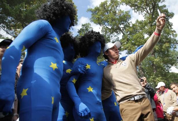 Golf- Ryder Cup 2012- Thursday Practice Rory McIlroy poses for a self-portrait left of the 18th fairway. 