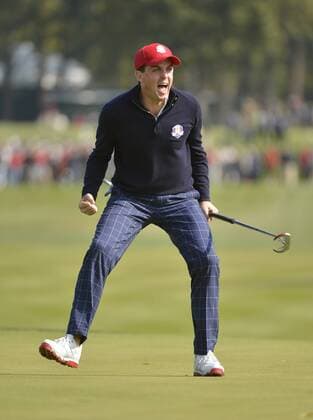Team USA s Keegan Bradley reacts after sinking a birdie putt to win his match on the 15th hole at the 39th Ryder Cup at Medinah Country Club on September 28, 2012 in Medinah, Illinois.  BKX2012092842