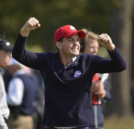 Team USA s Keegan Bradley reacts after sinking a birdie putt to win his match on the 15th hole at the 39th Ryder Cup at Medinah Country Club on September 28, 2012 in Medinah, Illinois.  BKX2012092843