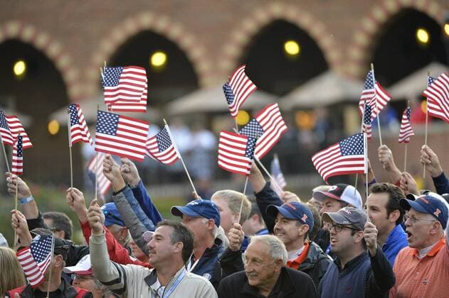 USA fans cheer on the first tee at the 39th Ryder Cup at Medinah Country Club on September 28, 2012 in Medinah, Illinois.  BKX2012092801