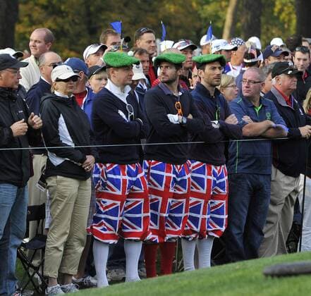 Fans of Team Europe watch the 39th Ryder Cup at Medinah Country Club on September 28, 2012 in Medinah, Illinois.  BKX2012092813
