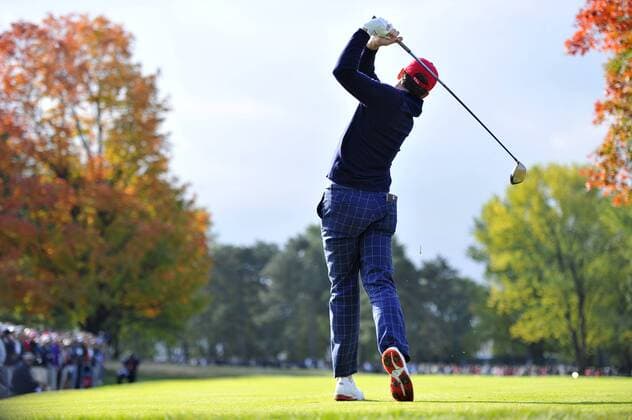 Team USA s Keegan Bradley tees off on the ninth hole at the 39th Ryder Cup at Medinah Country Club on September 28, 2012 in Medinah, Illinois.  BKX2012092826
