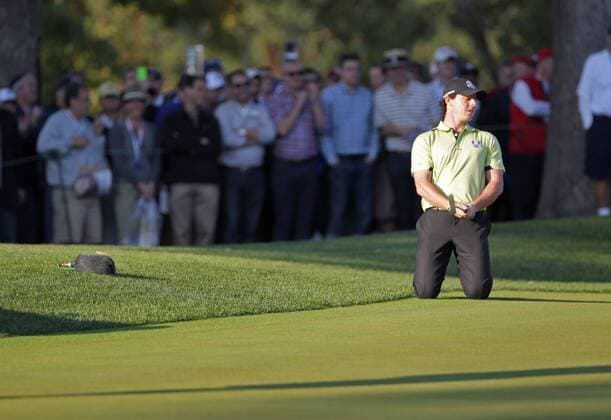 Golf- Ryder Cup 2012- Friday PM Four-ball Rory McIlroy reacts to a missed putt at the 7th hole at Medinah Country Club, Chicago, USA. 