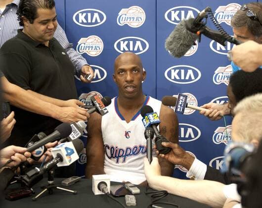 Los Angeles Clippers Chauncey Billups gives an interview to reporters at the Clippers Media Day in Los Angeles on September 28, 2012.  LAP20120928424