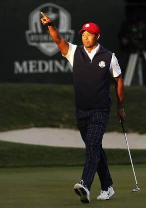 Sept. 28, 2012 - Medinah, IL, USA - Tiger Woods celebrates making a putt on the 16th hole during the afternoon rounds of the first day of the Ryder Cup at Medinah Country Club in Medinah, Illinois, Friday, September 28, 2012. 2012 Ryder Cup - ZUMAm67