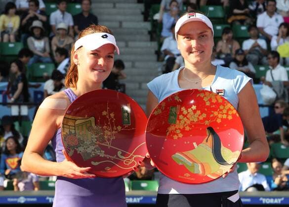 Sept. 29, 2012 - Tokyo, Japan - Winner NADIA PETROVA of Russia (R) and AGNIESZKA RADWANSKA (L) of Poland pose with the cups after playing the final match during the Toray Pan Pacific Open tennis tournament at Ariake Colosseum on September 29, 2012 in Tokyo, Japan. Toray Pan Pacific Open Tennis Tournament - ZUMAjn1