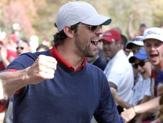Olympic gold medalist Michael Phelps cheers the crowd on during the 39th Ryder Cup at Medinah Country Club on September 29, 2012 in Medinah, Illinois.  MED2012092907