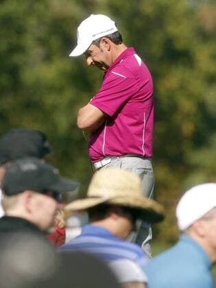 Team Europe captain Jose Maria Olazabal waits for the players coming off the 8th green at the 39th Ryder Cup at Medinah Country Club on September 29, 2012 in Medinah, Illinois. After two days the United States leads team Europe 10-6.  MED2012092926