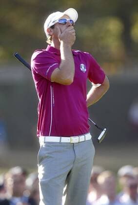 Team Europe s Nicolas Colsaerts, from Belgium, reacts to a missed birdie on the 14th green at the 39th Ryder Cup at Medinah Country Club on September 29, 2012 in Medinah, Illinois. After two days the United States leads team Europe 10-6.  MED2012092940