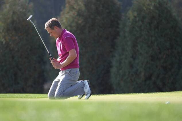 Golf- Ryder Cup 2012- AM Foursomes Luke Donald can t believe he missed at the 10th at Medinah Country Club, Chicago, USA. 