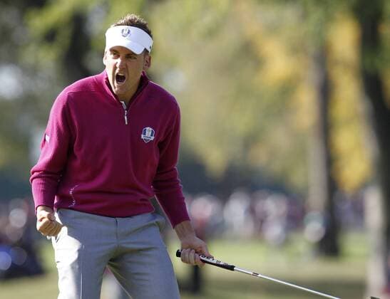 Sept. 29, 2012 - Medinah, IL, USA - Team Europe s Ian Poulter celebrates a shot on the 11th hole during the Ryder Cup golf tournament at Medinah Country Club in Medinah, Illinois, on Saturday, September 29, 2012. Ryder Cup golf tournament - ZUMAm67