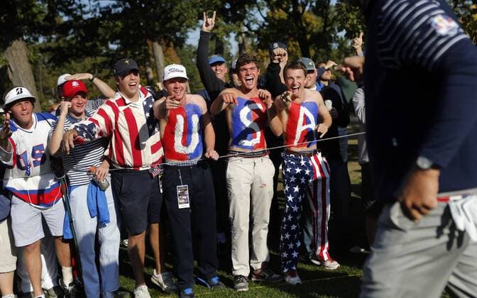Sept. 29, 2012 - Medinah,Illinois, U.S.- Team USA fans cheer for PHIL MICKELSON, right, as he finishes the 7th hole during the Ryder Cup golf tournament at Medinah Country Club. Golf 2012 - Ryder Cup - Day Five - ZUMAm67