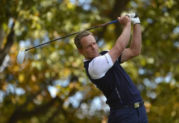 Team Europe s Luke Donald of England tees off on the third hole during the singles matches at the 39th Ryder Cup at Medinah Country Club on September 30, 2012 in Medinah, Illinois.  CHI2012093003