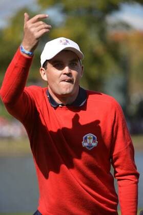 Team USA s Keegan Bradley pumps up the crowd after finishing the second hole during the singles matches at the 39th Ryder Cup at Medinah Country Club on September 30, 2012 in Medinah, Illinois.  CHI2012093004