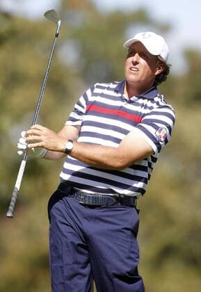 Team USA s Phil Mickelson watches his tee shot on the eighth hole at the 39th Ryder Cup at Medinah Country Club on September 29, 2012 in Medinah, Illinois. Europe came from behind to win the Cup 14 1 2 to 13 1 2.  MED2012093019