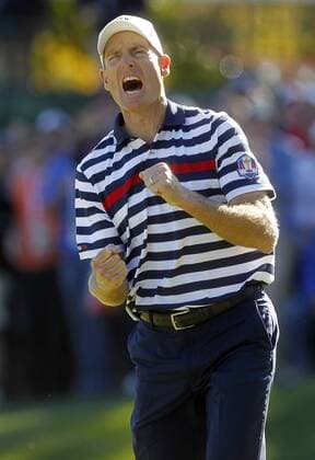 Team USA s Jim Furyk reacts after missing a birdie putt on the 16th green at the 39th Ryder Cup at Medinah Country Club on September 29, 2012 in Medinah, Illinois. Europe came from behind to win the Cup 14 1 2 to 13 1 2.  MED2012093035