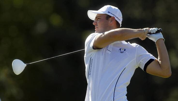 Team Europe s Martin Kaymer, of Germany, tees off on the 9th hole at the 39th Ryder Cup at Medinah Country Club on September 29, 2012 in Medinah, Illinois. Europe came from behind to win the Cup 14 1 2 to 13 1 2.  MED2012093001
