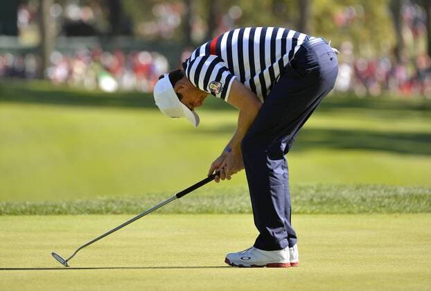 Team USA s Keegan Bradley reacts after missing a birdie putt on the 16th hole at the 39th Ryder Cup at Medinah Country Club on September 30, 2012 in Medinah, Illinois.  CHI2012093040