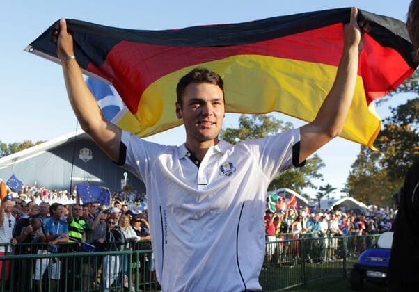 Golf- Ryder Cup 2012- Sunday Singles Martin Kaymer greets the gallery after clinching the Ryder Cup at Medinah Country Club, Chicago, USA. 