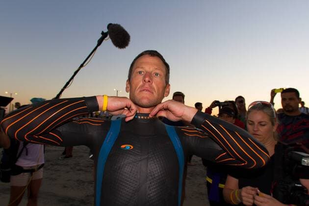 Sept. 30, 2012 - Corondo, CA, US - Lance Armstrong, whom the U.S. Anti-Doping Agency handed a lifetime ban in August, took part in the Superfrog Triathlon in Coronado, California. While banned from sanctioned events falling under the umbrella of the World Anti-Doping AgencyÃ s jurisdiction, Armstrong is free to compete in events like Superfrog. After the race on Sept. 30, Trident Endurance Sports, LLC will host a fundraising Q A with Lance Armstrong to benefit the Navy SEAL Foundation and the Livestrong Foundation. Banned Armstrong races in Superfrog triathlon - ZUMAf22