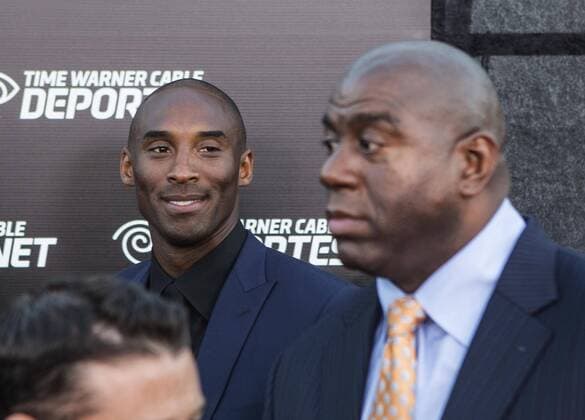 Oct. 1, 2012 - Los Angeles, California (CA, United States - Kobe Bryant (L) of Los Angeles Lakers and Earvin Magic Johnson attend a celebration of Time Warner Cable Launch of Time Warner Cable Sportsnet And Time Warner Cable Deportes Networks at Time Warner Cable Sports Studios on October 1, 2012 in El Segundo, California. Time Warner Sports Celebrates Launch Of Time Warner Cable Sportsnet And Time Warner Cable Deportes Networks - ZUMAc68
