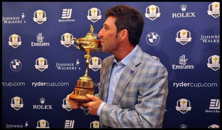 Ryder Cup Captain Jose Maria Olazabal, kisses the Ryder Cup after the victorious European Ryder Cup Team which retained the trophy in thrilling fashion at Medinah Country Club in Chicago on Sunday, give a press conference at Heathrow s Sofitel Hotel, Tuesday October 2, 2012 - AndrewxParsonsx xi-Images  AJP