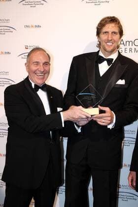 10 05 2012 - Dirk Nowitzki, Fred B. Irwin - Dirk Nowitzki receives the Transatlantic Partnership Award of the AmCham Germany for his social engagement in Berlin, Germany Transatlantic Partnership Award , 2012 