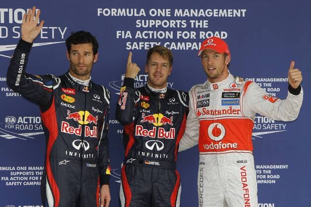 Motorsports: FIA Formula One World Championship 2012, Grand Prix of Japan, 2 Mark Webber (AUS, Red Bull Racing), 1 Sebastian Vettel (GER, Red Bull Racing), 3 Jenson Button (GBR, Vodafone McLaren Mercedes), xHOCHxZWEIx