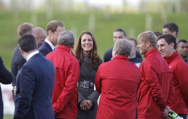 The official opening of St Georges Park, Burton Upon Trent. The Duke and Duchess of Cambridge meet the England team. EDITORIAL USE ONLY. No use with unauthorised audio, video, data, fixture lists, club league logos or live services. Online in-match use limited to 120 images, no video emulation. No use in betting, games or single club league player publications.