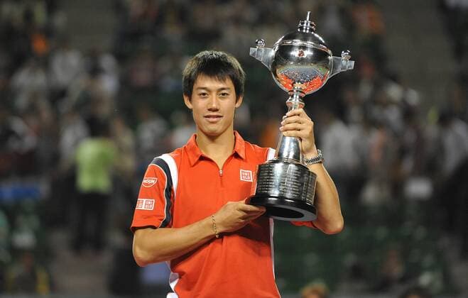 Kei Nishikori (JPN), OCTOBER 7, 2012 - Tennis : Kei Nishikori of Japan poses with the trophy after winning the Men s Singles Final match of the Rakuten Japan Open Tennis Championships 2012 at Ariake Coliseum in Tokyo, Japan.  (yjka001892)