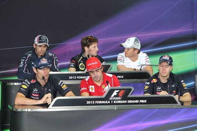 formula 1 GP, Korea in Yeongam 11.10.2012, Mark Webber, Red Bull Racing, Fernando Alonso, Scuderia Ferrari, Sebastian Vettel, Red Bull Racing, Pastor Maldonado, Williams F1 Team, Romain Grosjean, Lotus F1 Team, Nico Rosberg, Mercedes Grand Prix, PK, Photo:mspb Lukas Gorys formula 1 GP, Korea, Mark Webber, Fernando Alonso, Sebastian Vettel, Pastor Maldonado, Romain Grosjean, Lotus F1 Team, Nico Rosberg, PK,