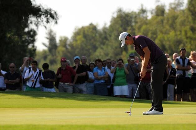 ANTALYA, Oct. 11, 2012 -- Justin Rose of England plays a shot in his match during the third round of the Turkish Airlines World Golf Final at Antalya Golf Club in Antalya, Turkey, on October 11, 2012. 