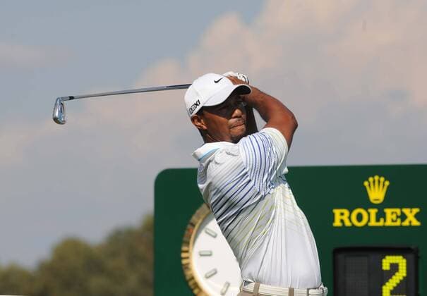 Tiger Woods of the USA tees off in his match during semi final of the Turkish Airlines World Golf Final at Antalya Golf Club on October 11, 2012 in Antalya, Turkey. (Xinhua Ma Yan) TURKEY-ANTALYA-WORLD GOLF FINAL 