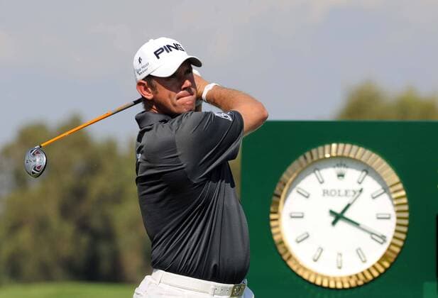 Lee Westwood of England tees off in his match during semi final of the Turkish Airlines World Golf Final at Antalya Golf Club on October 11, 2012 in Antalya, Turkey. (Xinhua Ma Yan) TURKEY-ANTALYA-WORLD GOLF FINAL 