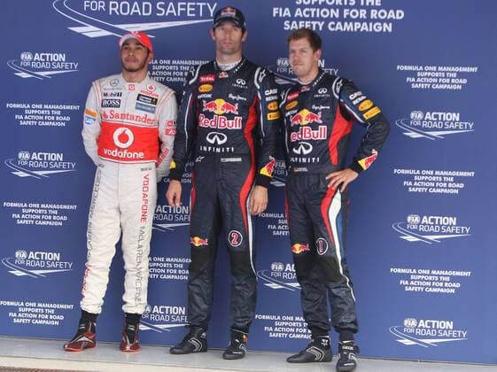 formula 1 GP, Korea in Yeongam 13.10.2012, Mark Webber, Pole vor Sebastian Vettel Red Bull Racing, Lewis Hamilton, McLaren Mercedes, Photo:mspb Lukas Gorys formula 1 GP, Korea, Mark Webber, Sebastian Vettel Lewis Hamilton,