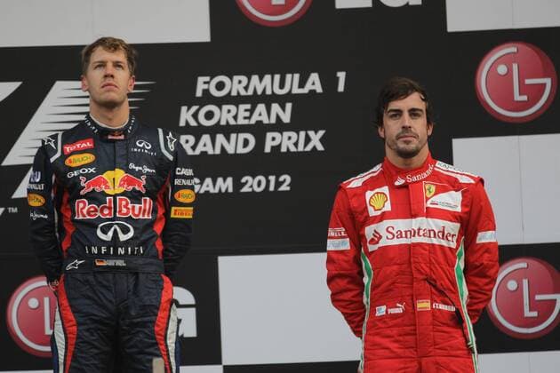 14.10.2012- Race, Sebastian Vettel (GER) Red Bull Racing RB8 race winner and Fernando Alonso (ESP) Scuderia Ferrari F2012 3rd position 