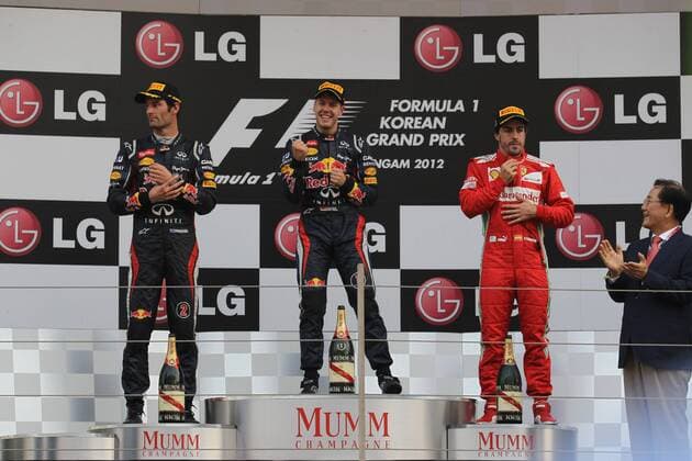 14.10.2012- Race, 2nd position Mark Webber (AUS) Red Bull Racing RB8, Sebastian Vettel (GER) Red Bull Racing RB8 race winner and 3rd position Fernando Alonso (ESP) Scuderia Ferrari F2012 
