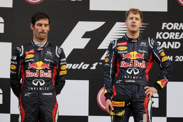 14.10.2012- Race, 2nd position Mark Webber (AUS) Red Bull Racing RB8 and Sebastian Vettel (GER) Red Bull Racing RB8 race winner 