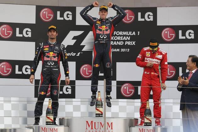 14.10.2012- Race, 2nd position Mark Webber (AUS) Red Bull Racing RB8, Sebastian Vettel (GER) Red Bull Racing RB8 race winner and 3rd position Fernando Alonso (ESP) Scuderia Ferrari F2012 