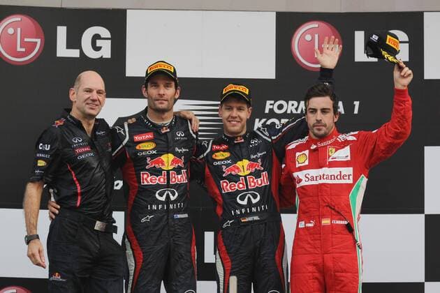 14.10.2012- Race, Adrian Newey (GBR), Red Bull Racing , Technical Operations Director, 2nd position Mark Webber (AUS) Red Bull Racing RB8, Sebastian Vettel (GER) Red Bull Racing RB8 race winner and 3rd position Fernando Alonso (ESP) Scuderia Ferrari F2012 