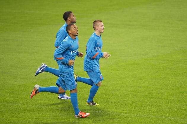 (L-R) Urby Emanuelson of Holland, Jeremain Lens of Holland, Jordy Clasie of Holland Netherlands Training Session 2012 2013 xVIxMAURICExVANxSTEENxIVx 1193156