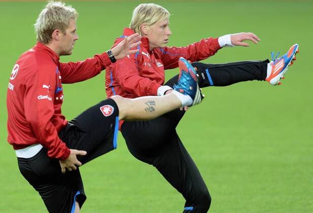 From left: players Tomas Hubschmann and Frantisek Rajtoral of Czech Republic national soccer team pictured during training in Prague, Czech Republic on October 15, 2012 ahead of the World Cup Group B qualifying soccer match Czech Republic vs Bulgaria. (CTKxPhoto KaterinaxSulova) CTKPhotoP201210150744401  SUK9