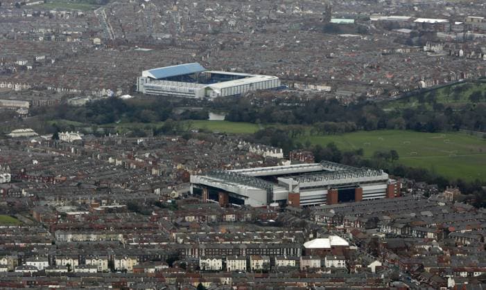 Aerial picture of Anfield, home of Liverpool Football Club and Goodison Park, home of Everton Football Club separated by Stanley Park EDITORIAL USE ONLY. No use with unauthorised audio, video, data, fixture lists, club league logos or live services. Online in-match use limited to 120 images, no video emulation. No use in betting, games or single club league player publications.
