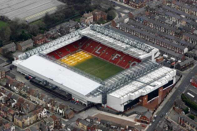 Aerial picture of Anfield, home of Liverpool Football Club EDITORIAL USE ONLY. No use with unauthorised audio, video, data, fixture lists, club league logos or live services. Online in-match use limited to 120 images, no video emulation. No use in betting, games or single club league player publications.