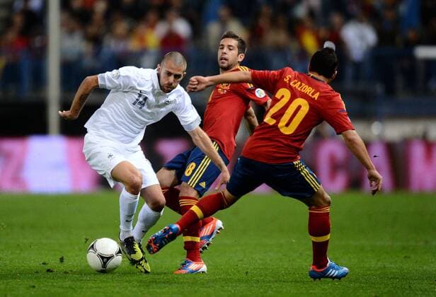 Jeremy MENEZ (fra) - Jordi ALBA (esp) - CAZORLA (esp) FOOTBALL : Espagne vs France - 16 10 2012 AnthonyBIBARD FEP Panoramic 